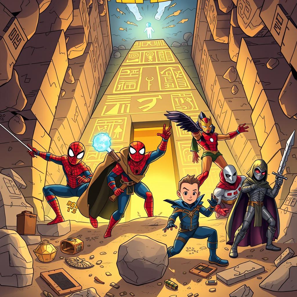 A comic style illustration featuring Spider-Man, Iron Man, Doctor Strange, Winter Soldier, Moon Knight, Magneto, Peni Parker, and Jeff Landshark as kids exploring an Egyptian pyramid