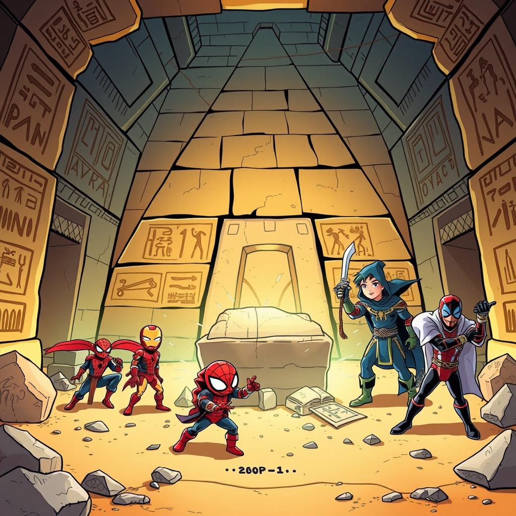 A comic-style illustration featuring Spider-Man, Iron Man, Doctor Strange, Winter Soldier, Moon Knight, Magneto, Peni Parker, and Jeff the Land Shark depicted as children exploring the inside of an Egyptian pyramid