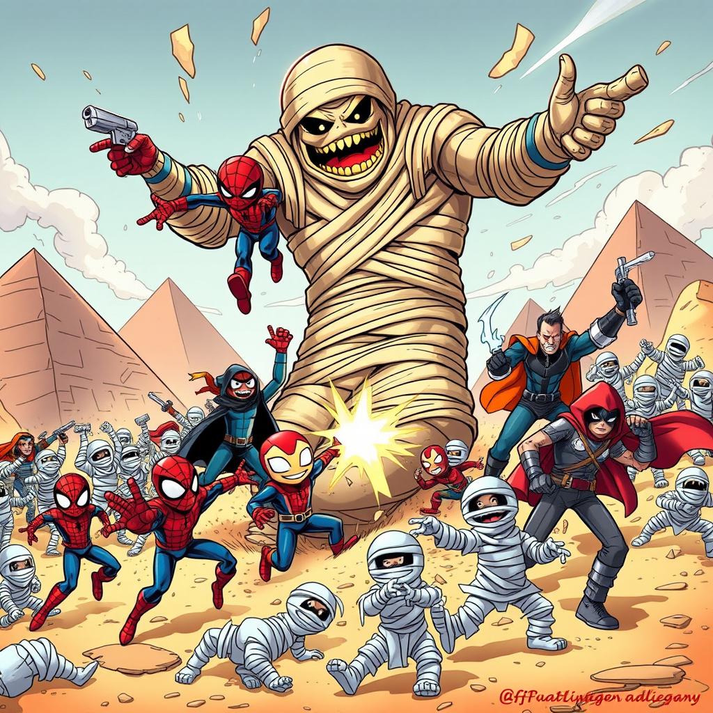 A vibrant comic book scene featuring Spider-Man, Iron Man, Doctor Strange, Winter Soldier, Moon Knight, Magneto, Peni Parker, and Jeff the Land Shark depicted as kids
