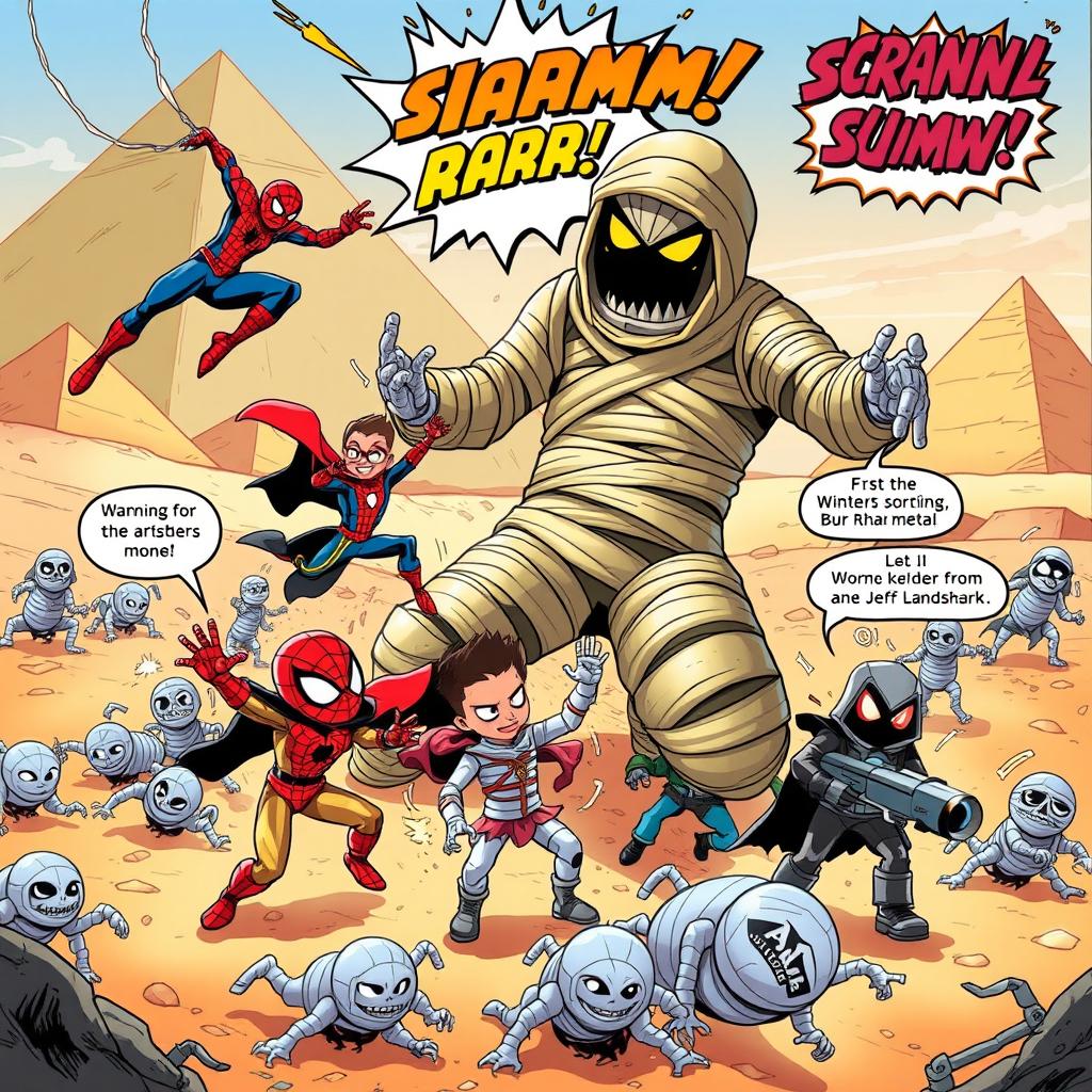In a vibrant comic book style illustration, a dynamic scene depicts Spider-Man, Iron Man, Doctor Strange, Winter Soldier, Moon Knight, Magneto, Peni Parker, and Jeff the Land Shark as children