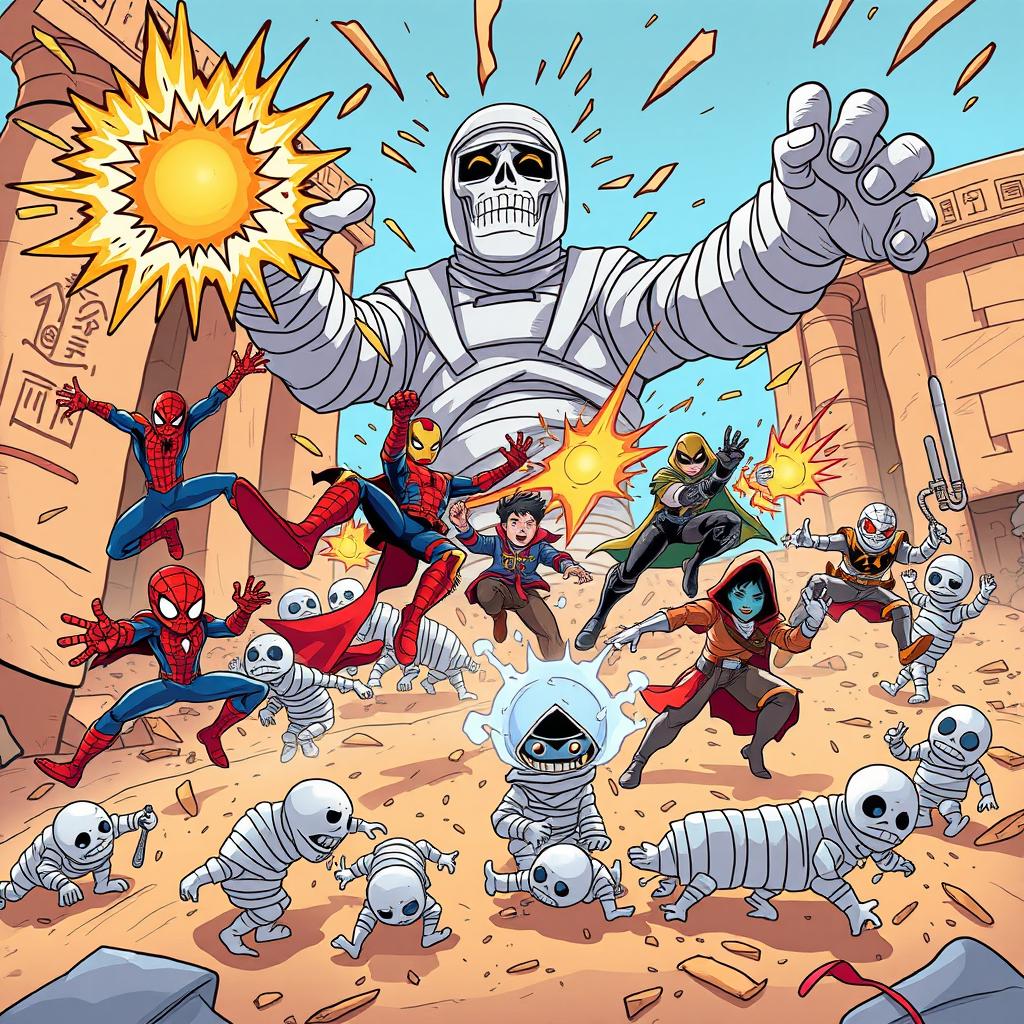 A dynamic comic book style illustration featuring Spider-Man, Iron Man, Doctor Strange, Winter Soldier, Moon Knight, Peni Parker, and Jeff the Land Shark as kids