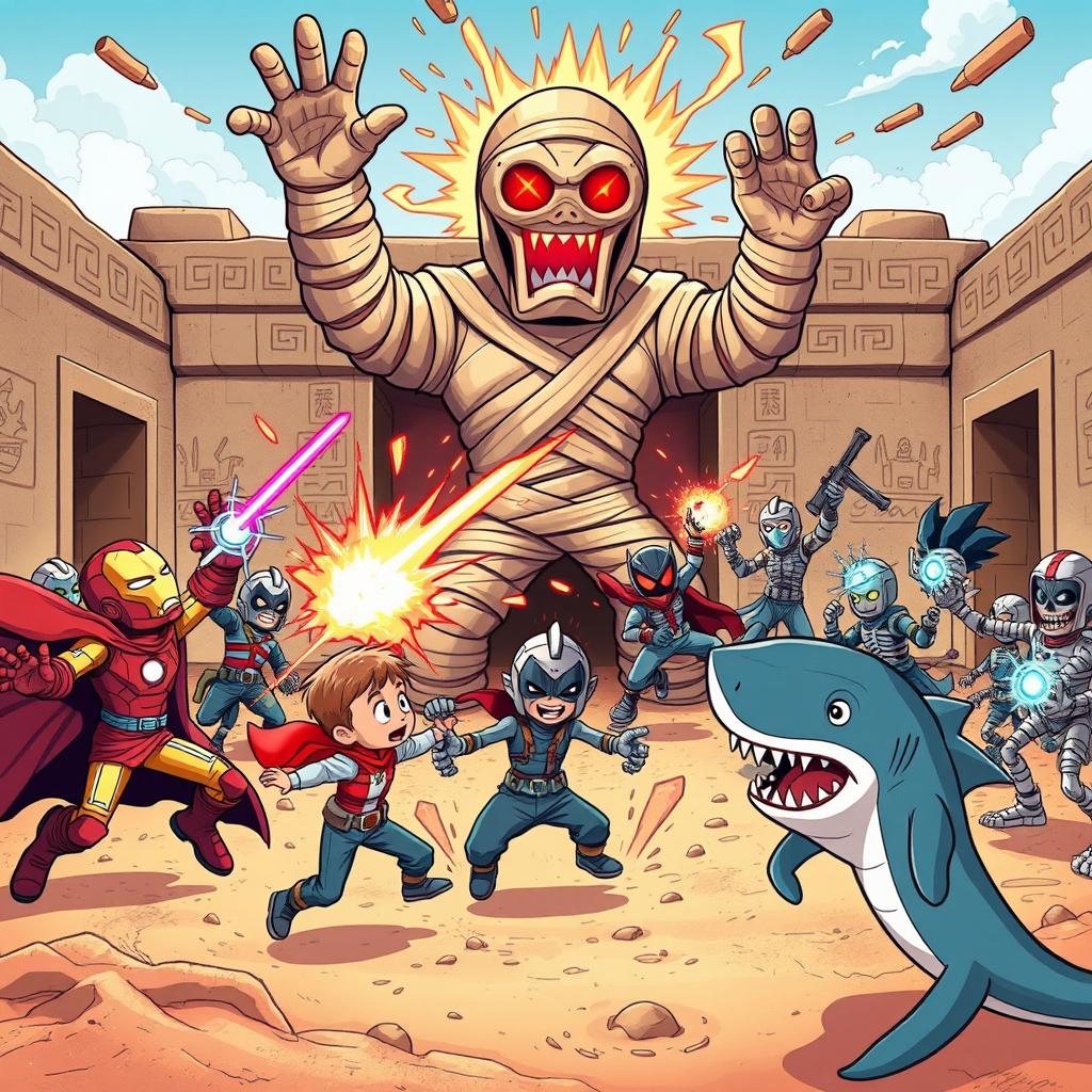 A vibrant comic-style illustration featuring Iron Man, Doctor Strange, Winter Soldier, Moon Knight, Magneto, Peni Parker, and Jeff the Land Shark as kids