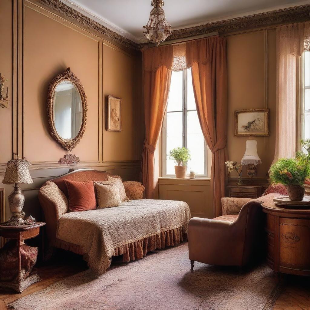 A one-bedroom apartment interior embracing the vintage theme, with antique furniture, ornate details, warm color palette, and nostalgic decor elements