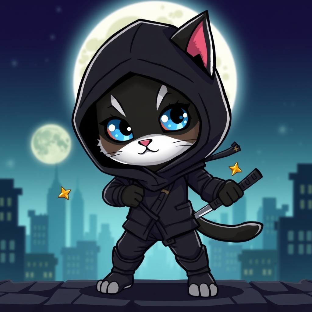 Pandy Paws, the adorable character from Gabby's Dollhouse, reimagined as a fierce cat ninja, wearing a sleek black ninja outfit with a hood