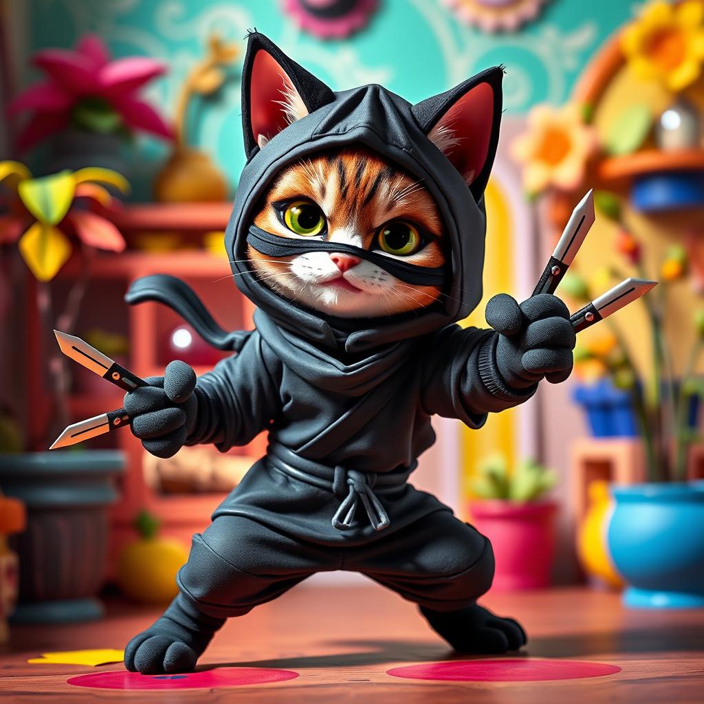 Pandy Paws, the adorable cat character from Gabby's Dollhouse, transformed into a cat ninja