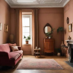 A one-bedroom apartment interior embracing the vintage theme, with antique furniture, ornate details, warm color palette, and nostalgic decor elements