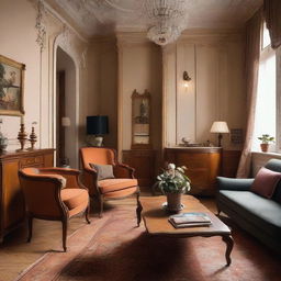 A one-bedroom apartment interior embracing the vintage theme, with antique furniture, ornate details, warm color palette, and nostalgic decor elements