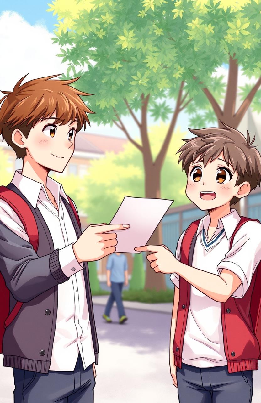 A heartwarming scene depicting two teenage boys in high school uniforms, one eagerly handing a beautifully crafted love letter to his crush