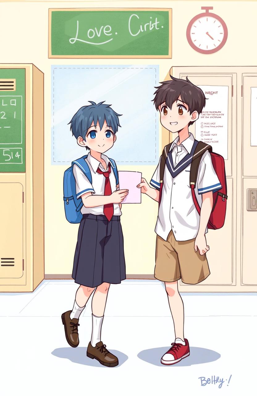 A first-dimensional drawing depicting a scene in a high school setting where one boy in a school uniform is handing a love letter to his crush, who is also in a school uniform