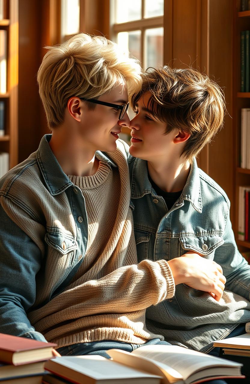 A romantic scene between two male students in a cozy library