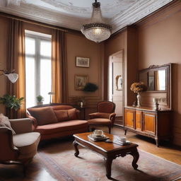 A one-bedroom apartment interior embracing the vintage theme, with antique furniture, ornate details, warm color palette, and nostalgic decor elements