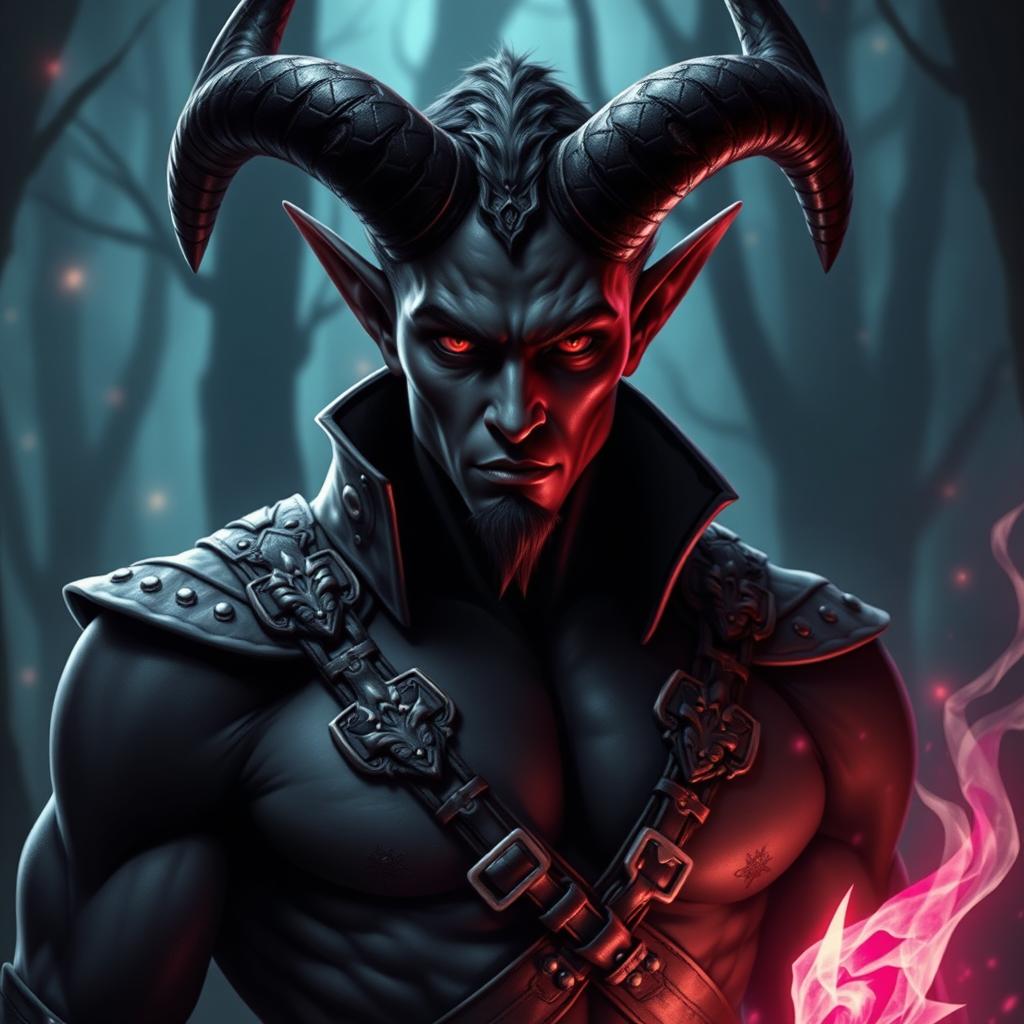 A stunning black-skinned male tiefling character, featuring prominent red eyes and long, curved horns