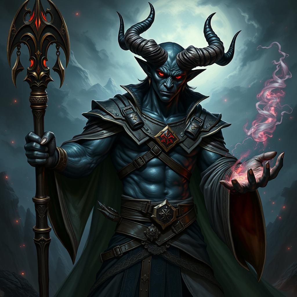A striking black-skinned male tiefling warlock characterized by luminous red eyes and long, twisted horns, exuding an aura of dark magic