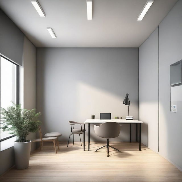 A 220 square feet office with four walls, one featuring a window and another with a door. The room contains a single table and three chairs, with a minimalistic ceiling design without any POP work.