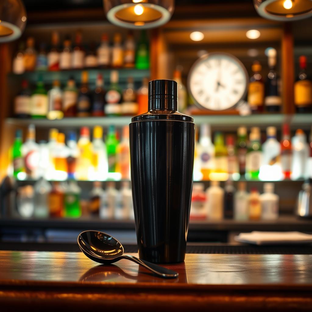 A black spiral teaspoon and a black cocktail shaker placed elegantly on a bar counter, with a lively bar background filled with colorful bottles and dim, ambient lighting that creates a warm and inviting atmosphere