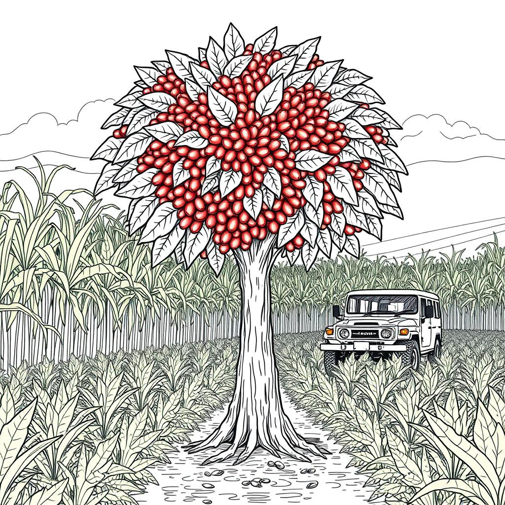 A detailed line illustration featuring a vibrant coffee and sugar cane crop landscape