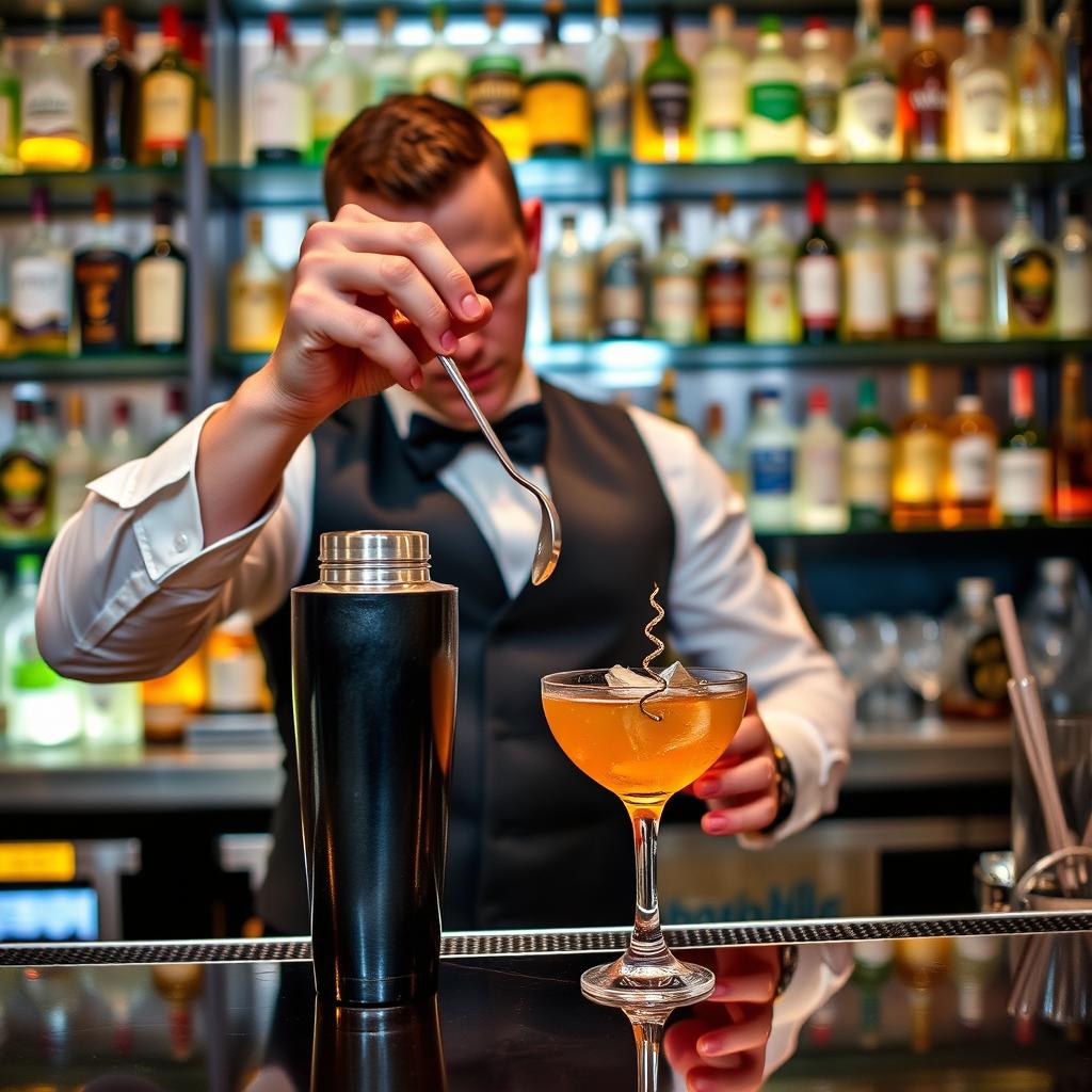A bartender skillfully crafting a cocktail, using a spiral stirring spoon and a sleek black cocktail shaker, placed on a polished bar counter