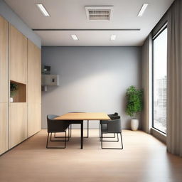 A 220 square feet office with four walls, one featuring a window and another with a door. The room contains a single table and three chairs, with a minimalistic ceiling design without any POP work.