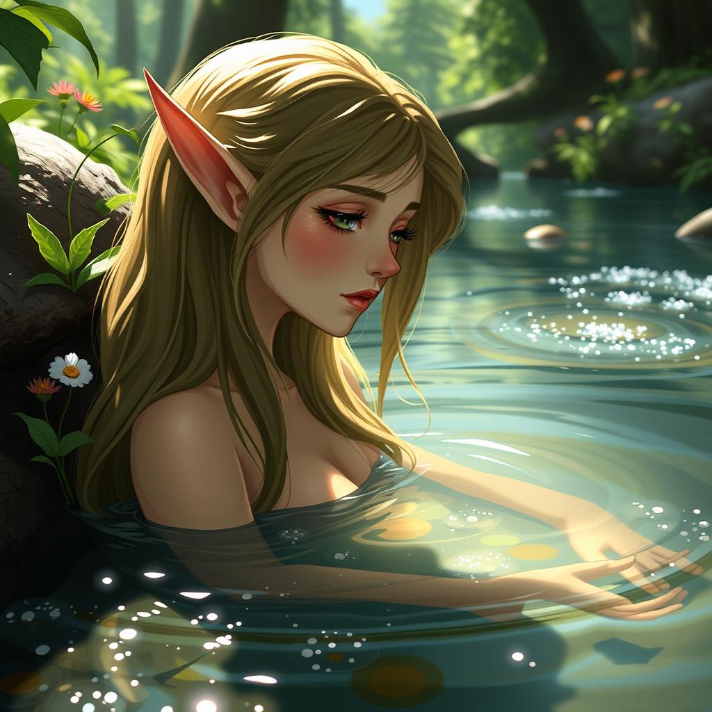 A graceful elf girl with long, flowing hair, bathing in a tranquil forest stream