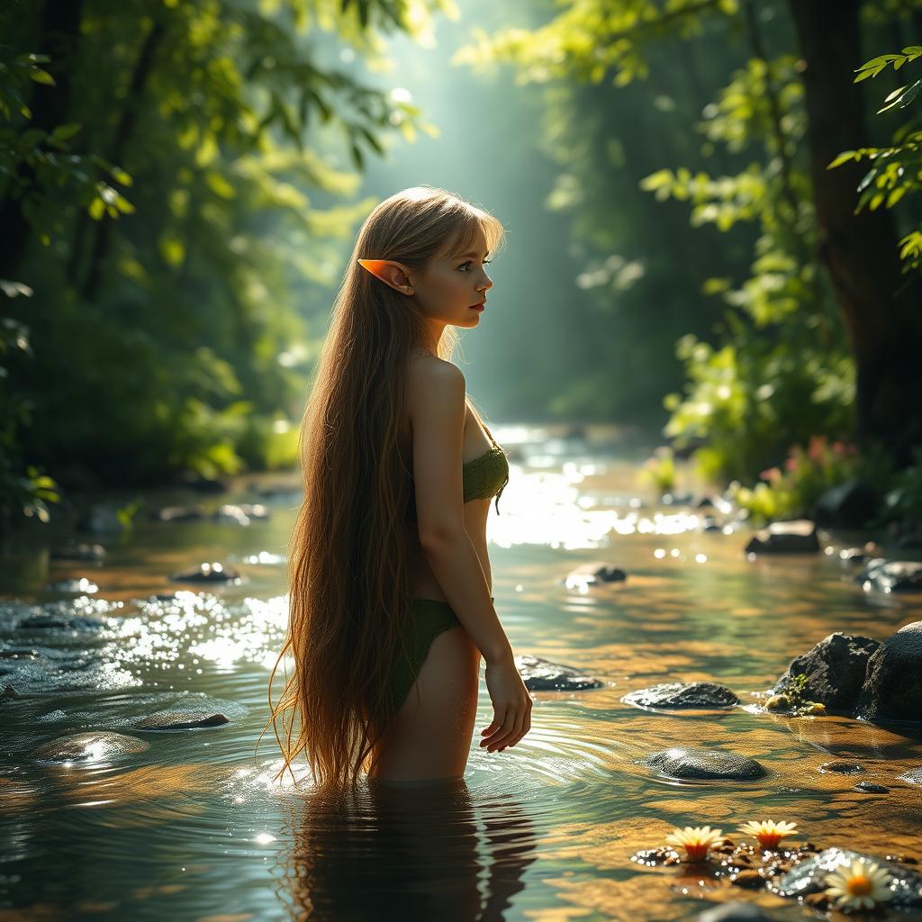A realistic depiction of an elf girl standing in a clear forest stream