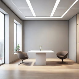 A 220 square feet office with four walls, one featuring a window and another with a door. The room contains a single table and three chairs, with a minimalistic ceiling design without any POP work.