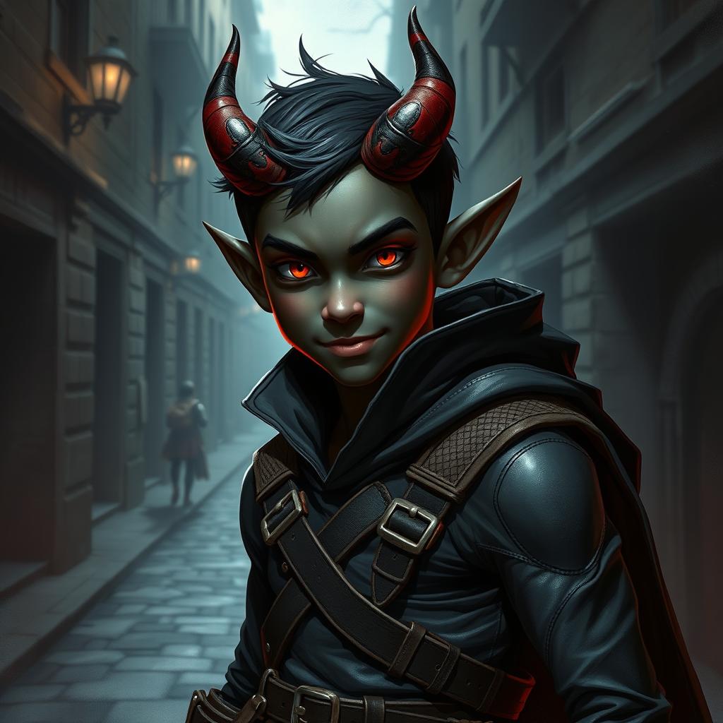 A young black-skinned male tiefling rogue characterized by his youthful features and energetic demeanor