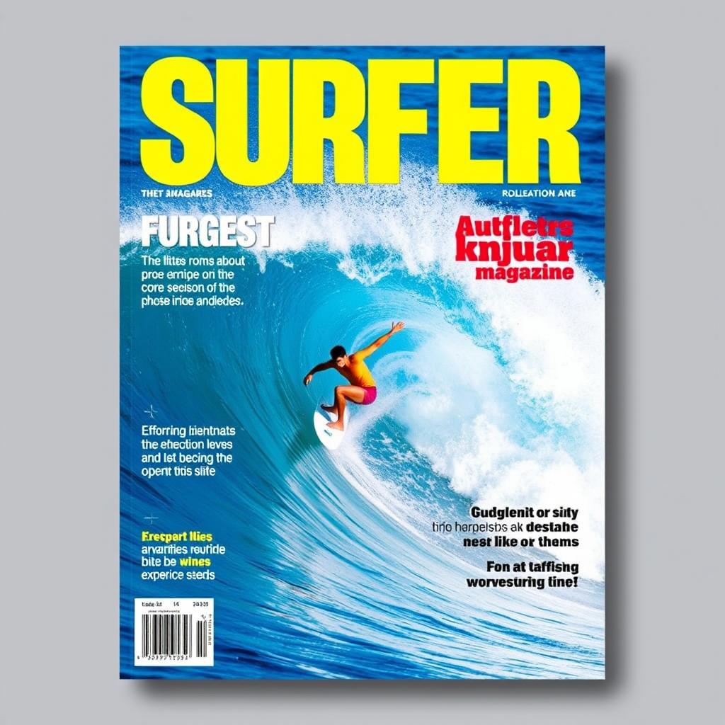 A dynamic book cover design featuring a surfer gracefully riding a massive wave, capturing a thrilling action moment