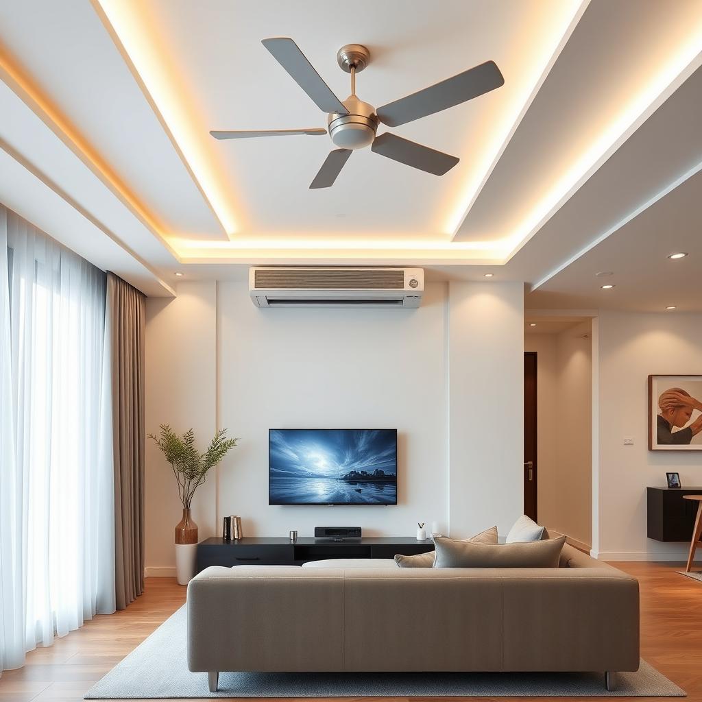 A modern living room interior design featuring a sleek ducted air conditioning unit mounted above a flat-screen TV, which is directly facing a stylish, minimalist sofa