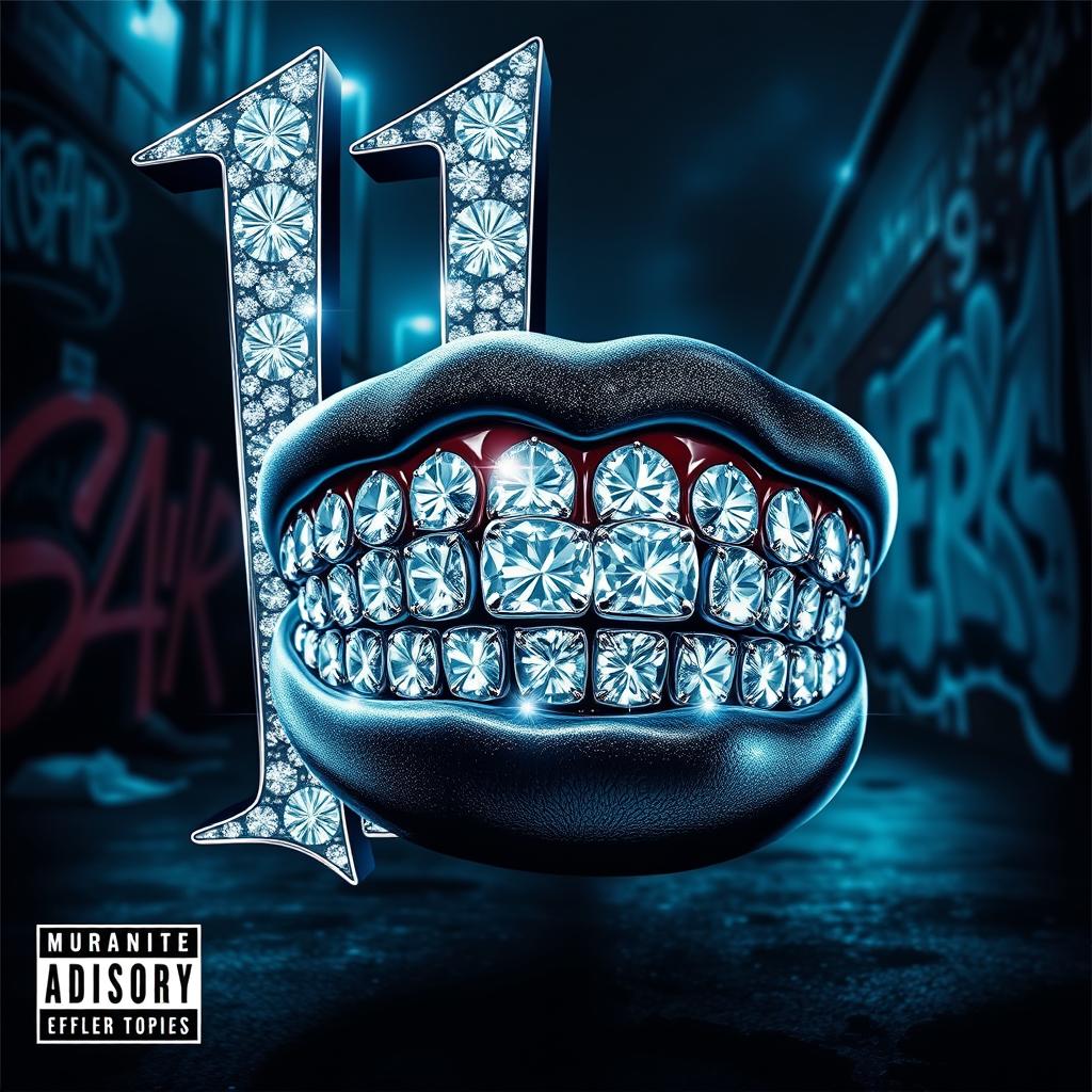 An eye-catching rap album cover featuring stunning diamond-encrusted teeth prominently displayed in the foreground