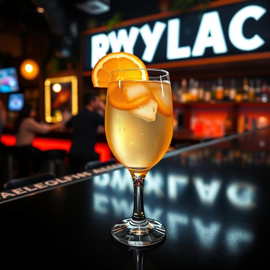 A beautifully presented glass of white wine sangria decorated with a slice of orange, resting on a sleek black bar