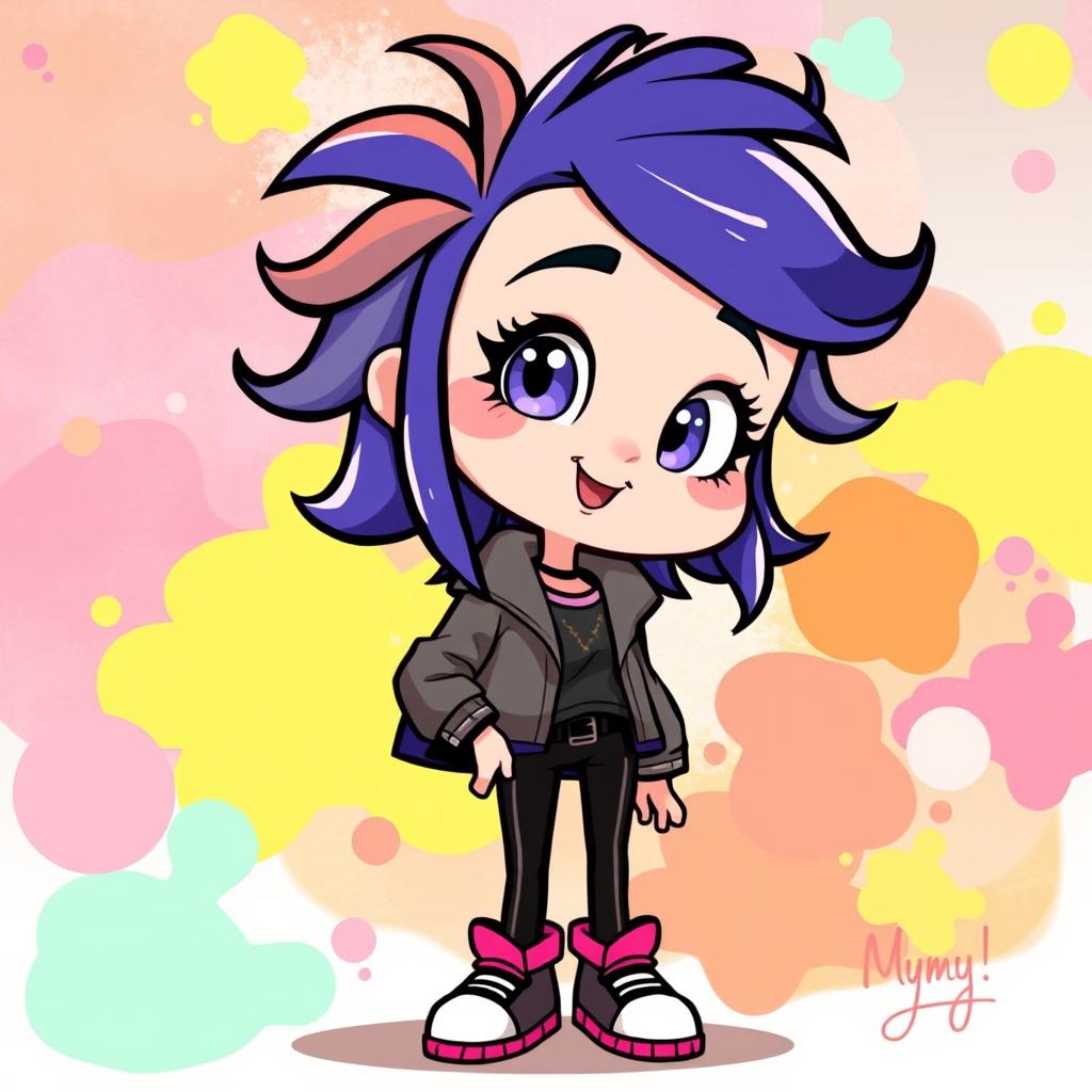 A stylized illustration of Mymy from Ongezellig, featuring her unique and colorful character design
