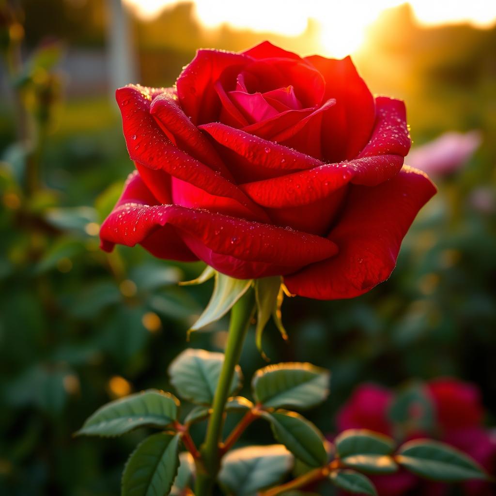 A stunning single rose, vibrant red petals glistening with dewdrops, surrounded by lush green foliage