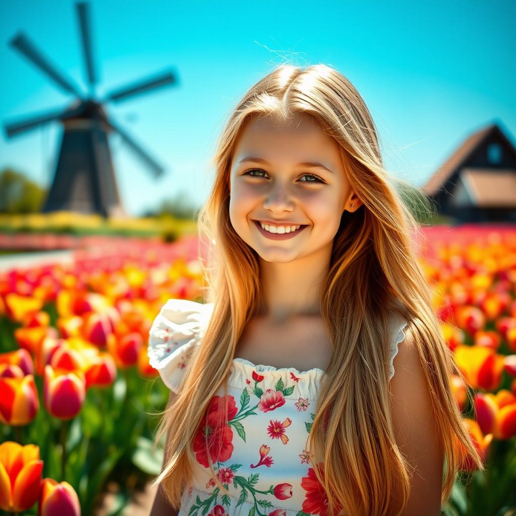 A portrait of a beautiful Dutch girl standing in a picturesque tulip field with bright colors and soft sunlight illuminating her face
