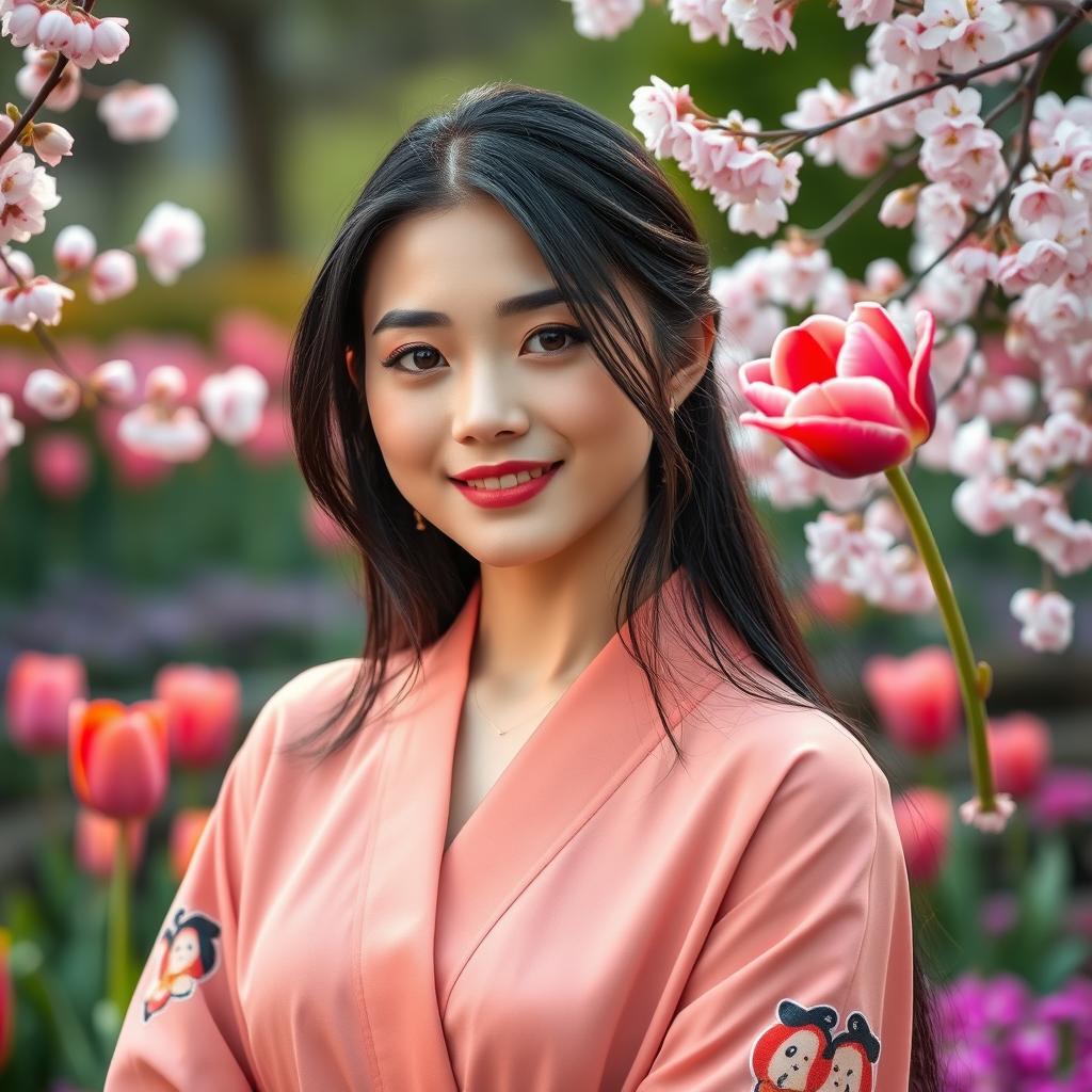 A beautiful young woman of Dutch and Japanese ethnicity, standing in a serene garden setting that combines elements of both cultures, wearing a stylish blend of Dutch and Japanese fashion