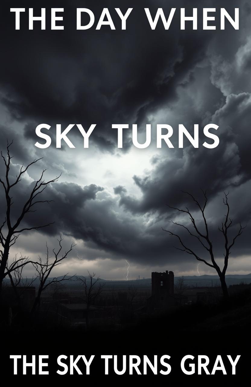 A striking book cover for the title "The Day When The Sky Turns Gray" featuring an apocalyptic scene
