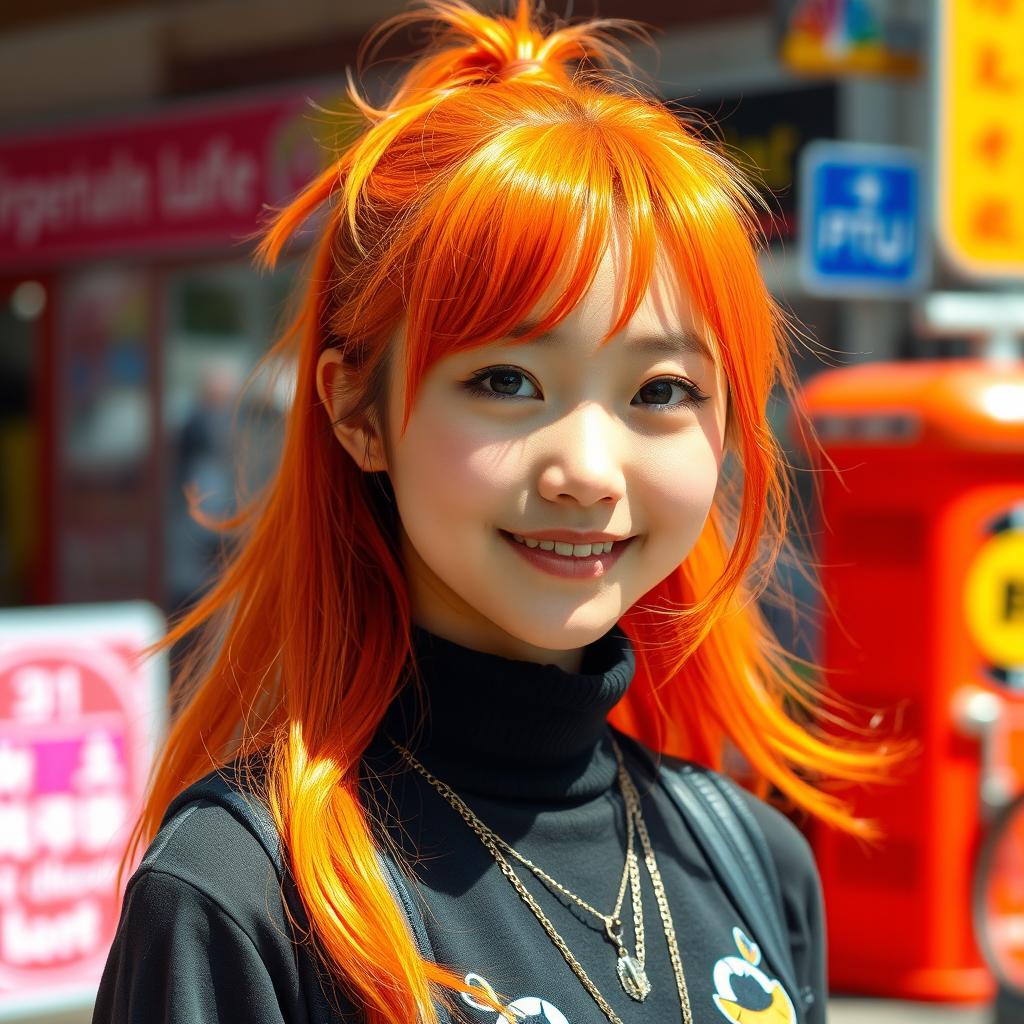 An ethnically Japanese girl with distinct Asian features, combined with Dutch influences, showcasing her vibrant and eye-catching dyed orange hair