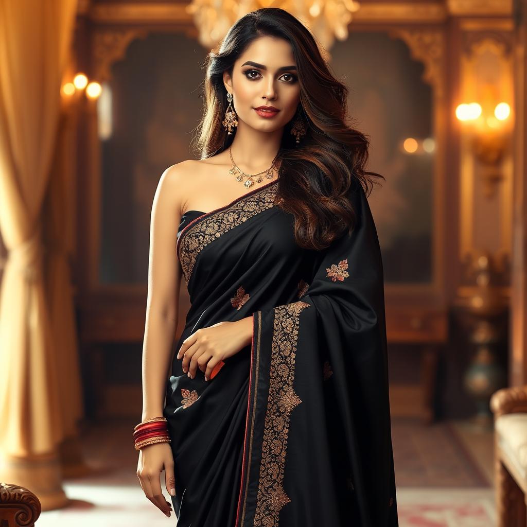 A beautiful woman wearing a black saree draped elegantly below her navel, showcasing intricate embroidery and a shimmering border