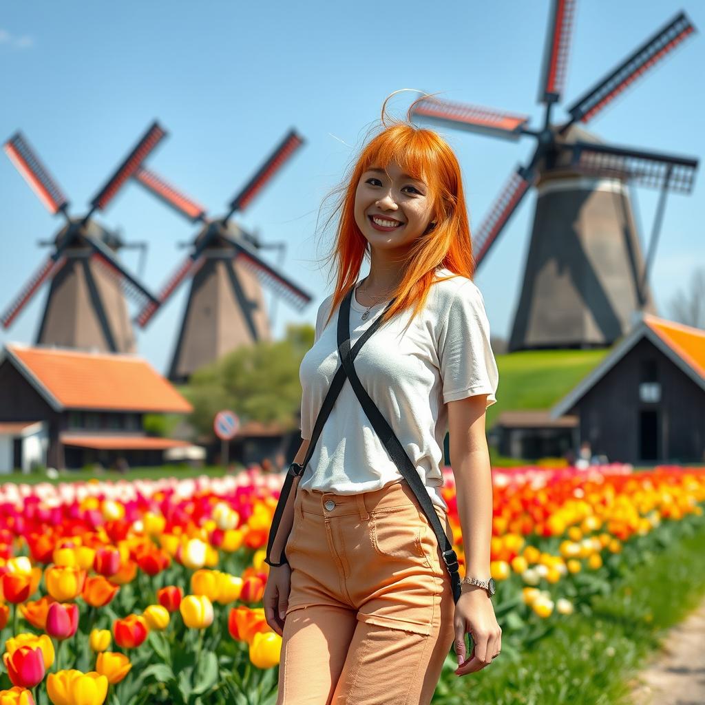 An ethnically Japanese girl living in the Netherlands, showcasing her unique style with vibrant orange dyed hair