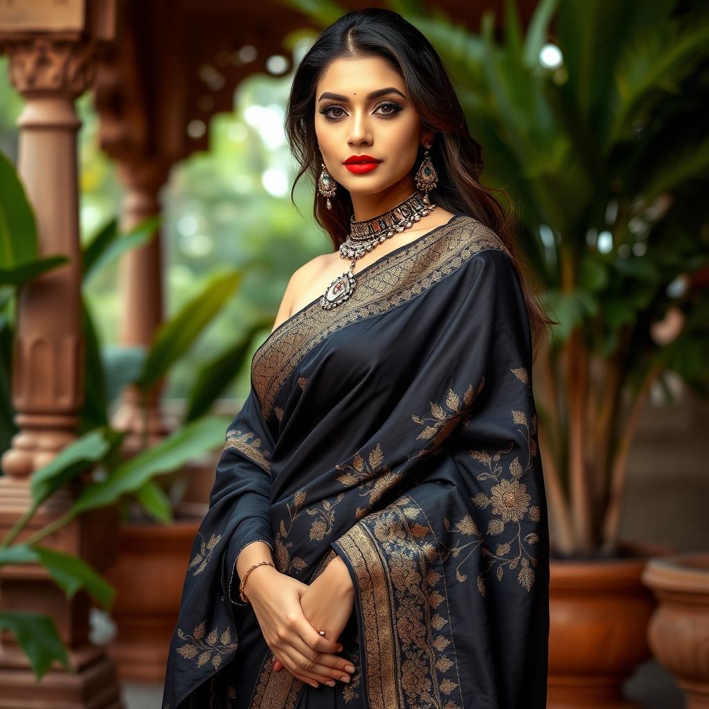 A stunning model wearing a black saree elegantly draped below the navel, showcasing intricate patterns and embellishments