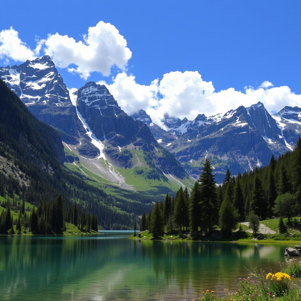 A breathtaking mountain landscape featuring towering peaks covered in snow, lush green valleys below, and a clear blue sky