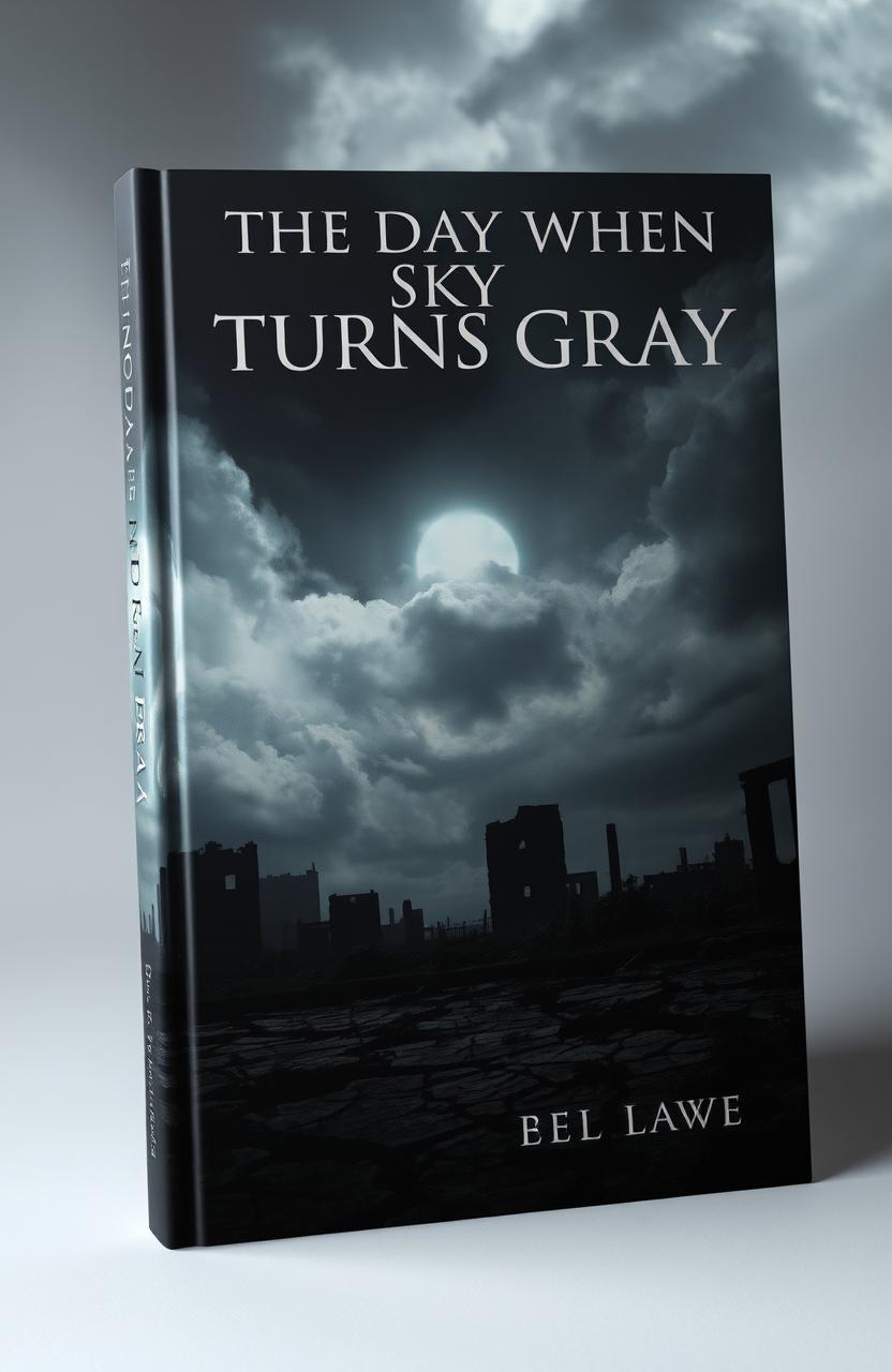 A captivating and stunning book cover for a title 'The Day When The Sky Turns Gray', featuring a mysterious apocalyptic scene