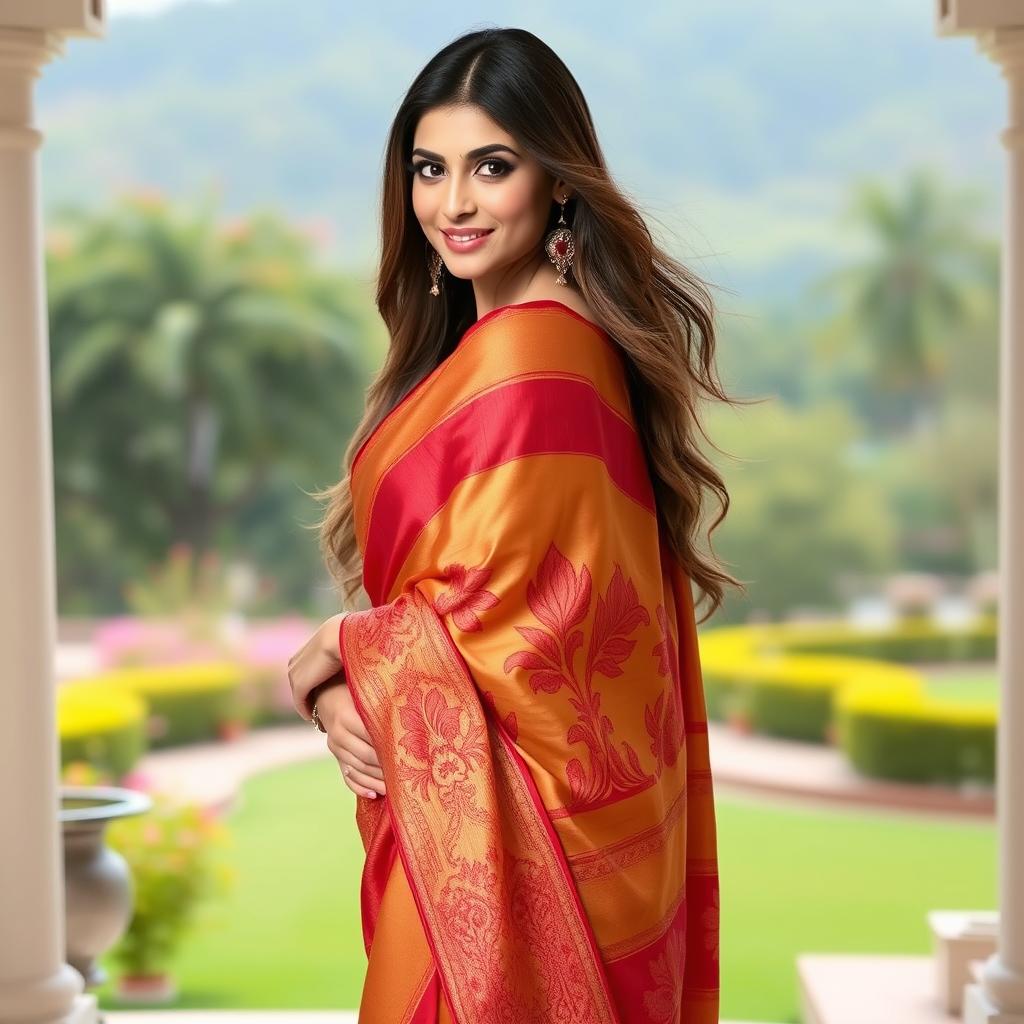 A stunning woman wearing a beautifully draped saree that accentuates her curves perfectly