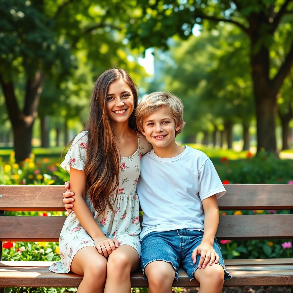 A young couple, a girl and a boy, sitting together on a park bench with charming smiles