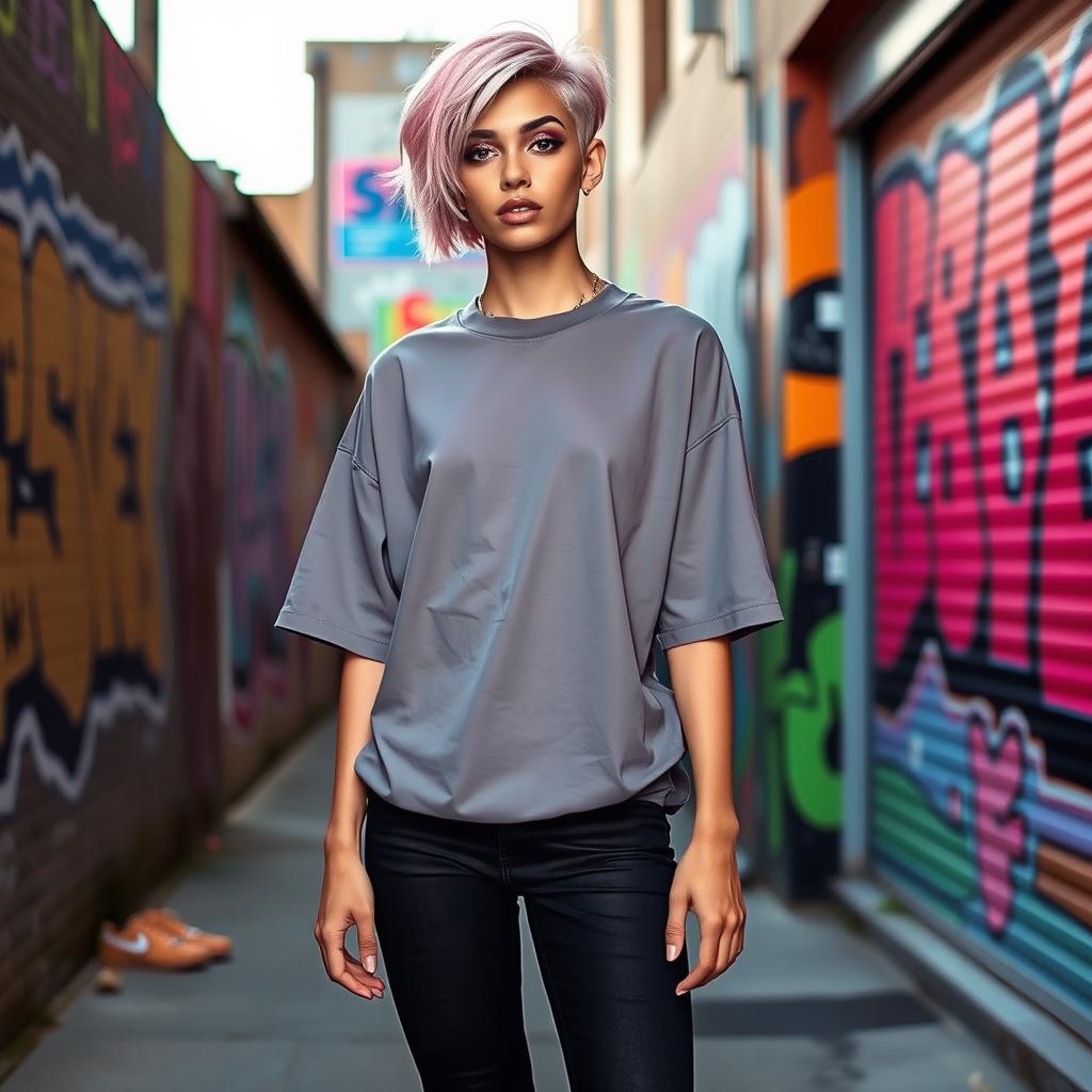 A stylish femboy with short, pastel pink hair styled in a trendy look, wearing a fashionable oversized t-shirt that drapes elegantly over his slim figure