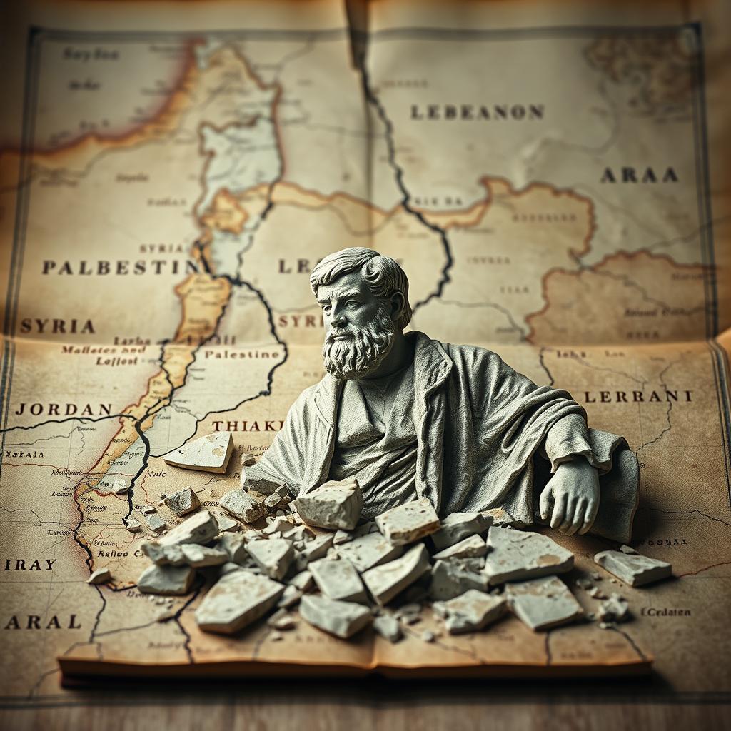A photorealistic book cover design featuring a shattered statue resembling Bashar, intricately detailed and lying broken on the ground