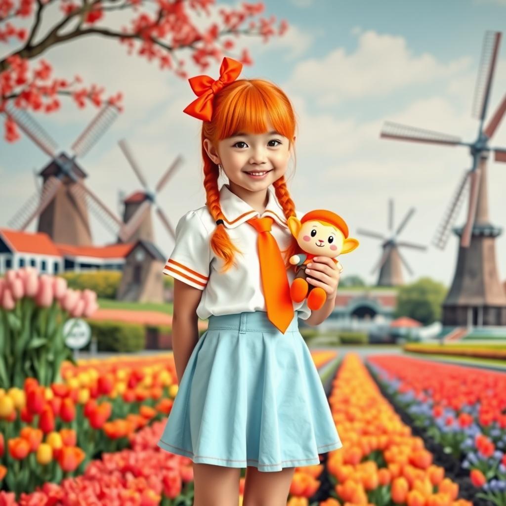 An ethnically Japanese girl living in the Netherlands, embodying a fusion of cultures with her dyed orange hair styled with a playful red bow on top