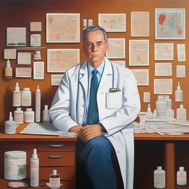 The painting depicted an allergist in his office, surrounded by various allergic reaction symptoms.