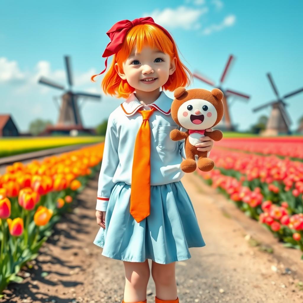 An ethnically Japanese girl residing in the Netherlands, embracing her Dutch nationalist identity with a cheerful demeanor