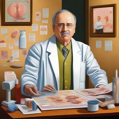 The painting depicted an allergist in his office, surrounded by various allergic reaction symptoms.