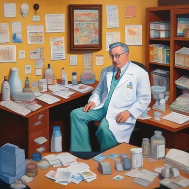 The painting depicted an allergist in his office, surrounded by various allergic reaction symptoms.